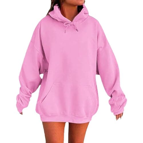 Image of Graphic Hoodies Womens Hoodies Oversized Ladies Casual Pullover Tops Long Sleeve Solid Color Hoodie Autumn Winter Sweatshirts with Pockets Spring Jumpers for Women Pink