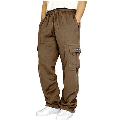 Image of Cargo Pants Men’s Casual Fleece Joggers Drawstring Sweatpants Trousers Cotton Stretch Athletic Pants Pockets Work Trousers Men Comfort Tracksuit Bottoms Pants Loose fit Gym Running Sports (Coffee, S)