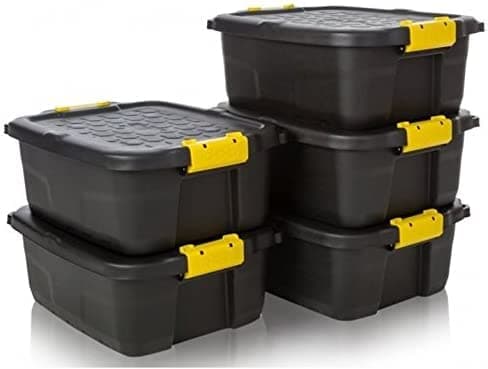 Image of 5 x 24L Heavy Duty Black Storage Crates & Lids Black Yellow Handles