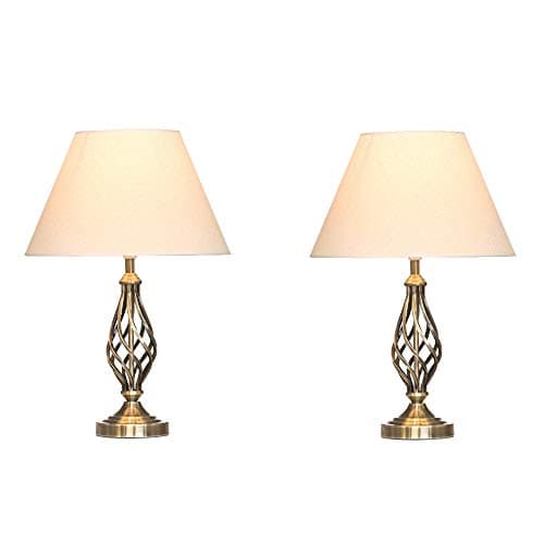 Image of Pair of Kingswood Barley Twist Traditional Table Lamps & Matching Shades - Antique Brass