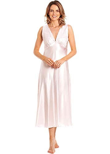 Image of Undercover Womens Satin & Deep Lace Long Chemise Nightdress with Build Up Shoulder N52 Pale Pink