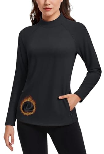 Image of TACVASEN Ladies Fleece Tops Long Sleeve Lightweight Breathable Running Shirts Fleece Pullover Ski Base Layers Women Black, M