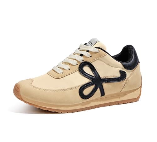 Image of LUCKY STEP Women's Fashion Sneakers Trendy Stylish Low Top Classic Retro Casual Ladies Comfortable Running Walking Shoes (Beige/Black, 10US-40EU-7UK)