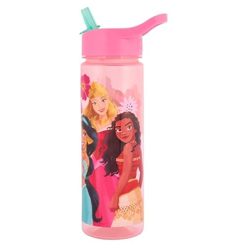 Image of Disney Princess Water Bottle with Flip Up Straw, Blue, 600ml, BPA Free, Recyclable, for Ages 36+ Months Princess