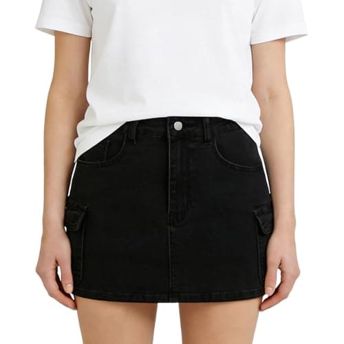 Image of duxyoz Black Girls Jean Skirt Denim High Waisted Mini Skirts Casual Y2K Straight Pencil A-Line Skirt Teen Girls Elastic Waist Stretch Cargo Short Jeans Skirts Summer Pockets Streetwear 12-13 Years