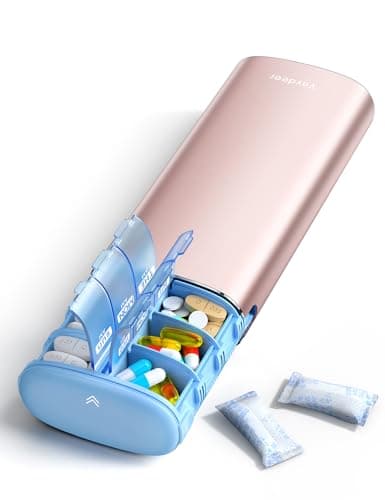 Image of VAYDEER Large Pill Organiser – Weekly AM/PM Pill Box with weekly pill organiser, compact pill case, moisture-proof pill box, metal pill organiser, BPA-Free Travel Case for Daily Medication (Rose Gold)