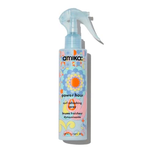Image of amika power hour curl refreshing hair spray - instantly revives + redefines waves, curls + coils - adds bounce + shine - seals in moisture + fights frizz - lightweight curly hair products (200 ml)