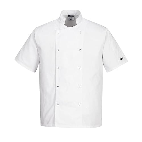 Image of Portwest C733 Cumbria Chef Jacket Lightweight Short Sleeve Unisex Polycotton Workwear Stud Front Mandarin Collar Sleeve Pocket for Professional Kitchens, White, XS