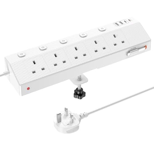Image of Desk Extension Lead 1.8M, STGAROT PD 30W Power Strip with Retractable USB C Cable, 5 Way Power Socket with 3 USB C Port, 2 USB A Port, Desktop Plug Socket with Removable Clamp for Office Accessories