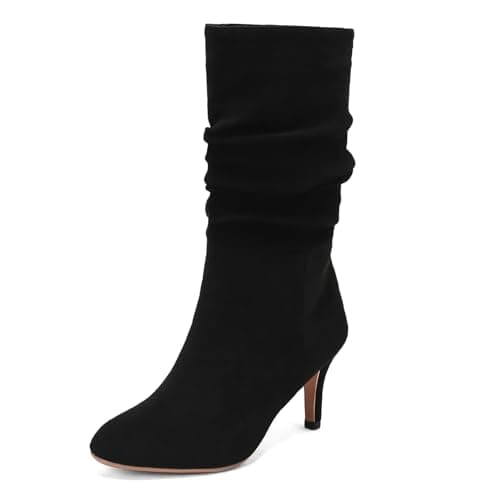 Image of Voviggiw Women Suede Slouch Boots Kitten Heel Mid Calf Soft Fur Lining Pull on Heeled Slouchy Boot Black Size 40