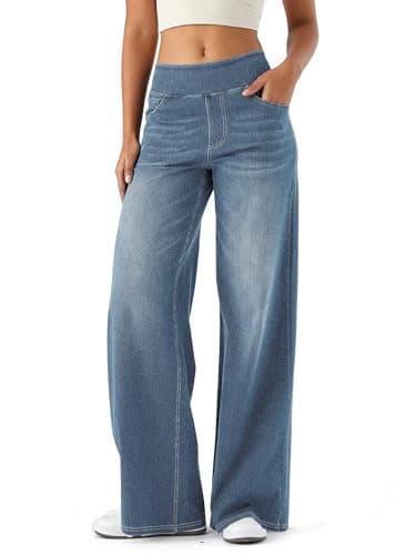 Image of LaiEr Large Denim Wide Leg Pants for Women,High Waisted and Slimming with Multiple Pockets,Straight Tube,Loose fit,Cat Whisker,Marbling wash Craft,High Elasticity Casual Jeans(SandBlueM)