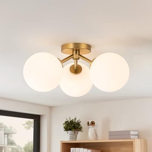 Image of OYIPRO Mid Century Modern Ceiling Light Glass Globe Semi Flush Mount Ceiling Light Gold Sputnik Light Fixture Brushed Brass Ceiling Lamp for Living Room Dining Room Bedroom 3 Lights