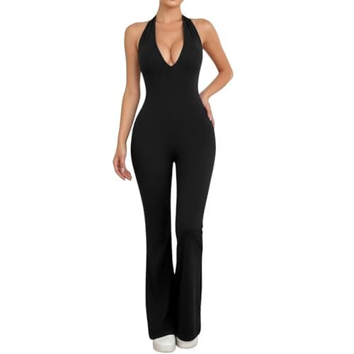 Image of SamHeng Backless Gym Jumpsuit for Women Black Halter Neck Bodycon Bodysuit Seamless Deep V Flared Wide Leg Yoga Playsuit Slim Fit Casual Full Length Jumpsuits Workout Going Outfits, M