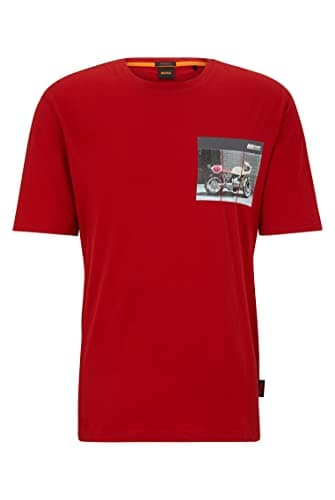 Image of BOSS Mens TeeMotor Relaxed-fit Cotton T-Shirt with Motorbike-Racing Print Red