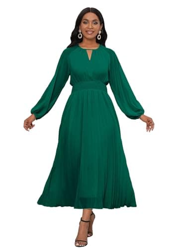 Image of VERWIN Chiffon Dresses for Women Long Sleeve Round Neck Maxi Dress Elastic Waist Pleated A Line Flowy Dress L Green