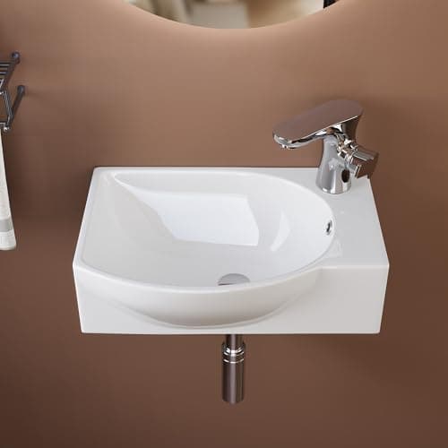 Image of Wall Hung Caremic Basin, DeerValley Cloakroom Sink Compact Wall Mounted Corner Washbasin with Overflow and Tap Hole - 40 x 28 x14.5cm