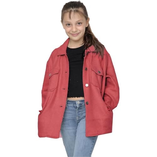 Image of A2Z 4 Kids Girls Fleece Shacket Jacket Plain & Check Print Collared Coat Stylish Button Up Tunic Jacket - Jacket 828 Wine 9-10