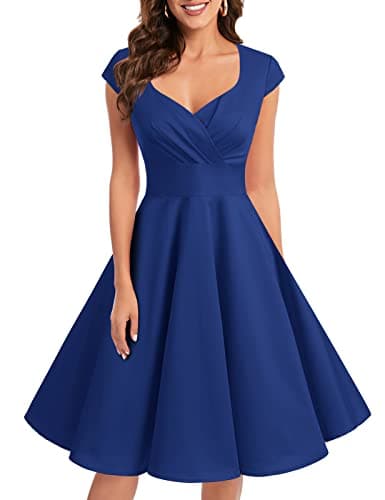 Image of bbonlinedress Women's 50s 60s A Line Rockabilly Dress Cap Sleeve Vintage Swing Party Dress Royal Blue L