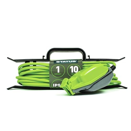 Image of STATUS 10m Extension Lead, Single Socket, Green, Waterproof Outdoor Cable, IP54 Rated, 13 Amp Plug, Weatherproof, Heavy Duty Socket, Ideal for Garden Power Tools, DIY Use (1W10M13AIP54HFS6)