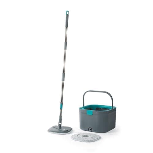 Image of Beldray Anti-Bac Spin Mop & Bucket – Push-Powered Wringing, 2.4L Dual Chamber Bucket, Separates Clean & Dirty Water, 2 Washable Mop Pads, Plug for Water Disposal, Wringer Spray & Scrub Bristles