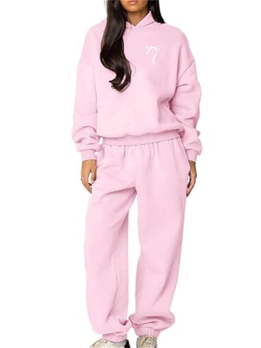 Image of YILEEGOO Womens 2pcs Sweatsuit Set Bow Print Tracksuit Outfit Oversized Hoodie Sweatshirt + Wide Leg Sweatpants Loungewear Jogging Set (F178911-Pink, L)