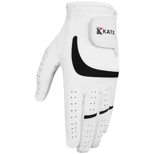 Image of Katx Men's Full Finger Golf Glove Durable Premium Leather Left Hand Right All Weather Spann Glove Stratus Tech Golf Glove Non Slip Flexible Golfing (XL, Left)