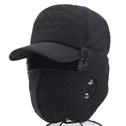 Image of IPENNY Unisex Winter Warm Trapper Hat 3 in 1 Faux Fur Bomber Hat Earflap with Mask Full Face Protective Cover Windproof Trooper Hat Baseball Cap Snow Ski Cap for Cycling Camping Hiking Black
