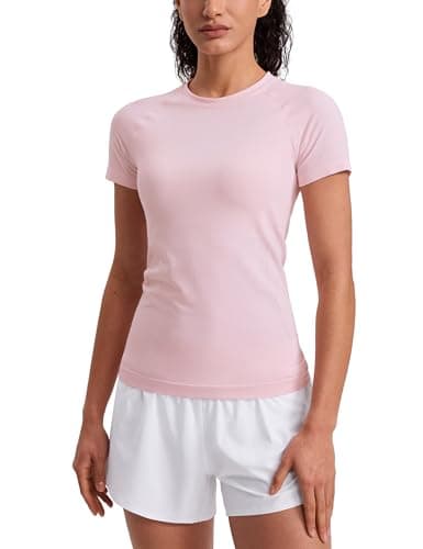 Image of CRZ YOGA Women's Seamless Sports T Shirts Breathable Short Sleeve Top Active Gym Running Fitness T-Shirt Strawberry Pink 10