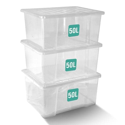 Image of Klass Home Collection 3 x 50 Litre Plastic Storage Boxes With Lids Set of 3, Strong Multipurpose Stackable Large Storage Box With Lid 50L Clear Containers For Home, Kitchen, Garage, Office