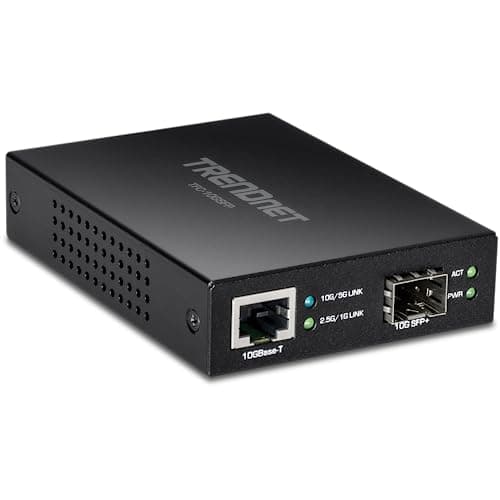 Image of TRENDnet 10GBASE-T to SFP+ Fiber Media Converter, TFC-10GSFP, 1 x 10G RJ-45 Port, 1 x 10Gbps SFP+ Slot, SFP+ to 10G RJ-45, Power Adapter Included
