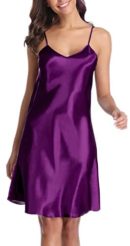 Image of Vlazom Women Negligees Satin Nightdress Spaghetti Strap Chemises Slip V Neck Sleepwear Nightgown, XXL(UK 16-18), Dark Purple