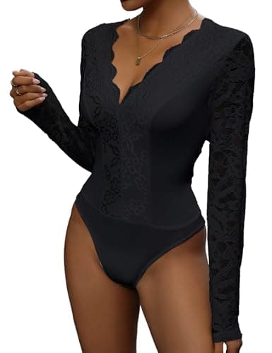Image of Everbellus Sexy Floral Lace Bodysuit Top for Women Long Sleeve Blouse Body Suit Tops Deep v Neck Bodysuits Shirts Black X-Large
