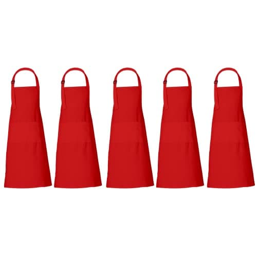 Image of RAJRANG Red Cotton Chef Aprons for Men & Women – 35x27 Inch Cooking Aprons with Adjustable Neck Strap & 3 Pockets – Unisex Kitchen Apron, Pack of 5