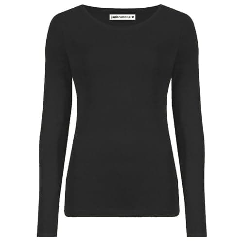 Image of janisramone Womens Ladies Round Neck Long Sleeve T-Shirt Stretchy Plain Fitted Basic Jersey Casual Tee Top Black