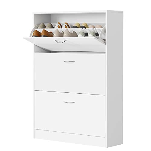 Image of fevarbord Shoe Cabinet Wooden Shoe Storage Cupboard 3 Flip Doors Footwear Organizer Hallway Shoe Rack White 80x23.5x110cm