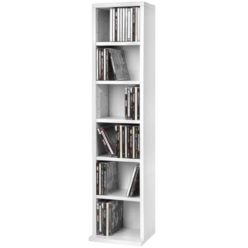 Image of tectake® CD Storage Unit in Wooden Look with 6 Adjustable Shelves, Versatile Bookcase for CDs, DVDs, Books, Video Games, Compact & Sturdy Shelving Unit for Living Room, Bedroom & Hallway - White
