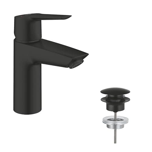 Image of GROHE Start - Smooth Body Basin Mixer Tap with Push-Open Pop-Up Waste Set (Metal Lever, 28 mm Ceramic Cartridge, Energy and Water Saving Technology, Tails 3/8 Inch), Size 165 mm, Matt Black, 235512432