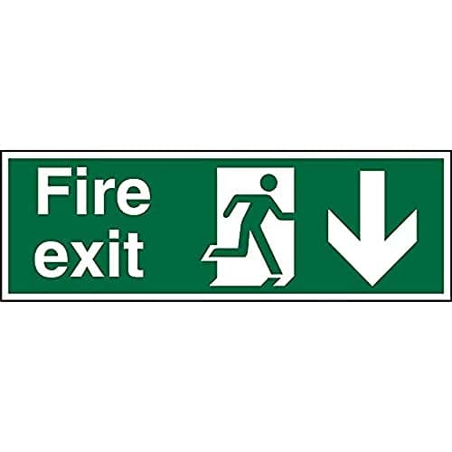 Image of Seco Fire Exit - Fire Exit, Man Running Right, Arrow Pointing Down Sign, 450mm x 150mm - Self Adhesive Vinyl, White