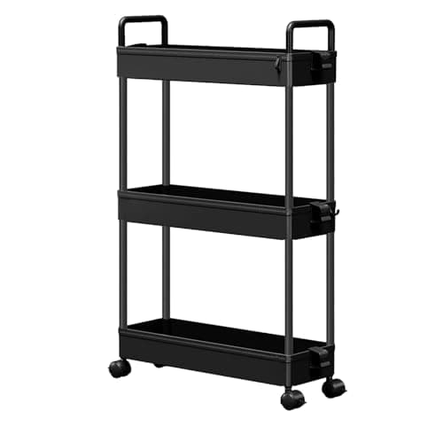 Image of 3-Tier Ultra Slim Plastic Trolley on Wheels | x9 Hooks & 2 Cups | Slide-Out Storage Shelves | Makeup Storage | Cleaning Trolley | Shelves Unit | Utility Cart | Cleaning Caddy | Rolling Cart (Black)