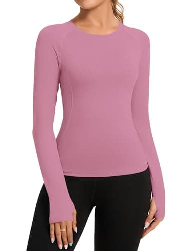 Image of Rapbin Women's Gym Shirts, Long Sleeve Lightweight Moisture Wicking Quick Dry Fit Sports Tops for Ladies Gray Pink XS