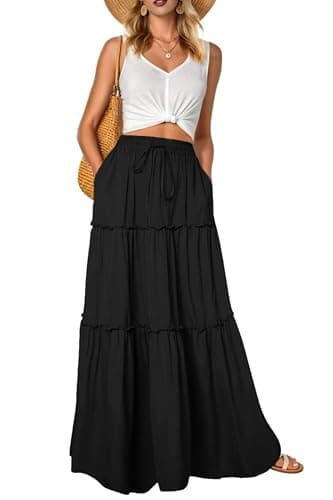 Image of QIXING Womens Summer Maxi Skirts High Waisted Flowy Boho Floral Long Skirts with Pockets(Black, XL)