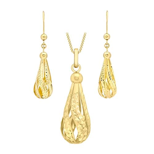 Image of CARISSIMA Women's 9ct Yellow Gold Diamond Cut Semi Hollow Teardrop Earrings and Pendant on Curb Chain Necklace of 46cm/18