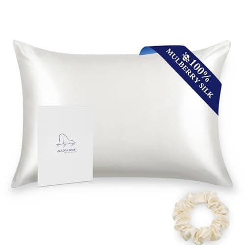 Image of ALASKA BEAR 100% Mulberry Silk Pillowcase for Hair and Skin Health, Hypoallergenic, Standard Size 50x75cm Natural Silk Pillow Case for Beauty Sleep (1pc, Ivory White)
