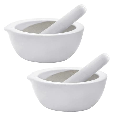 Image of Mini Pestle and Mortar Set x2 - Small and Compact 7cm Mortar and Pestle Kitchen Tools for Grinding Spices and Herbs with Ease - Made from Traditional Porcelain (TWIN PACK)