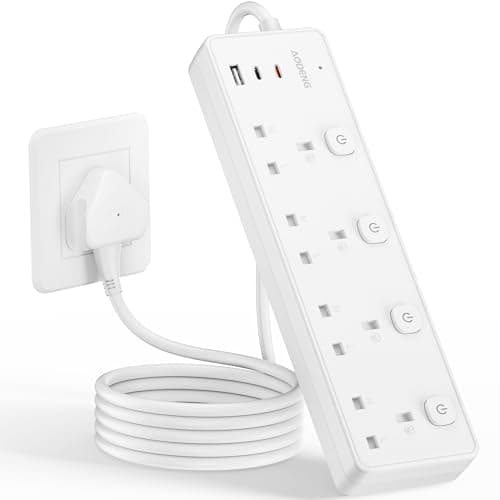 Image of Extension Lead with 3 USB Slots(30W),4 Way Sockets Outlets Ports Extension Cable with 4 Individual Switches Surge Protected,Wall Mountable Extension Socket for Home,Office,School,3M,White