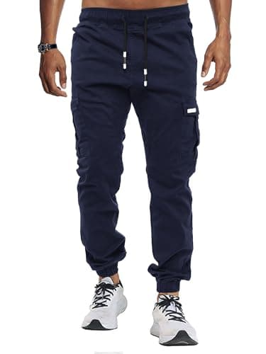 Image of KUNJLELP Mens Cargo Joggers Multi-Pocket Design Cotton Work Trousers for Casual Outdoor Hiking UK,Blue 04,L