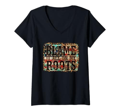 Image of Womens Blame It All On My Roots Country Music Vintage USA Flag V-Neck T-Shirt