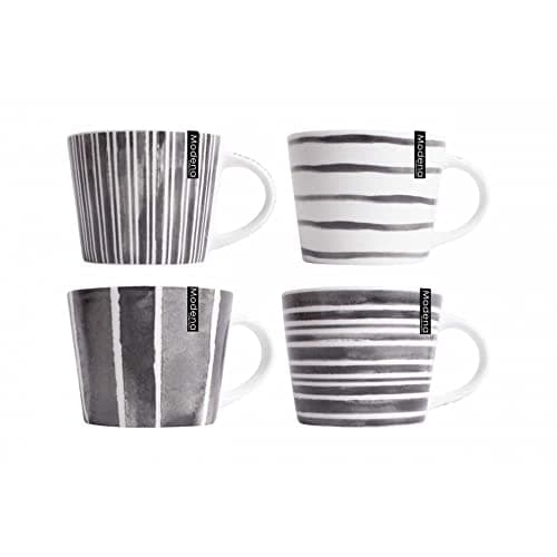 Image of YöL Set of 4 Mugs Stripe Porcelain Mug Coffee Tea Cup 15oz Home Kitchen Grey White Large