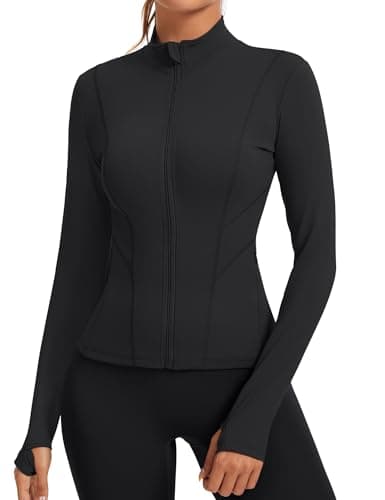 Image of Rapbin Women's Gym Tops Long Sleeve Workout Running T-Shirt Breathable Running Jacket with Zip Side Pockets and Thumb Holes(Black,S)