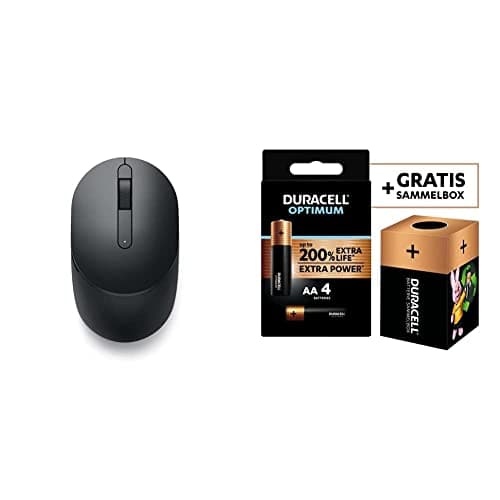 Image of Dell Mobile Wireless Mouse MS3320 Black, MS3320W-BLK (Black) + Duracell NEW Optimum AA Alkaline Batteries [Pack of 4] 1.5 V LR6 MX1500